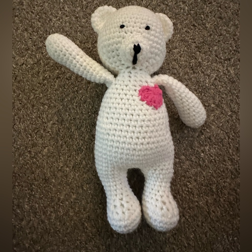 Handmade Crochet Teddy Bear white  with pink  heart